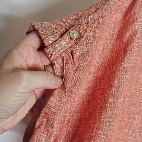 Isaac Mizrahi Linen V-Neck Top Roll Tab Sleeve Lagenlook Boxy Coral Natural L - Picture 6 of 9